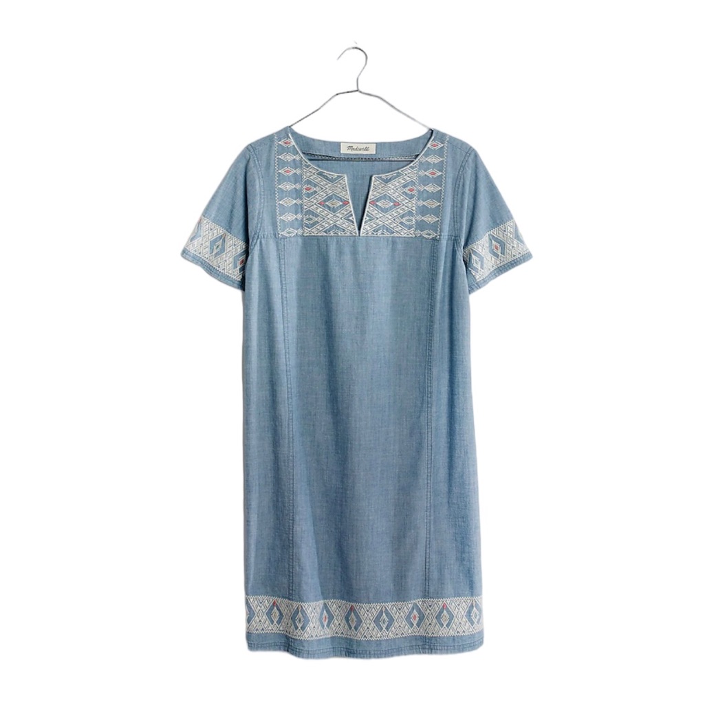 Madewell Embroidered Chambray Tunic Above Knee Blue White Oversized Dress Xs